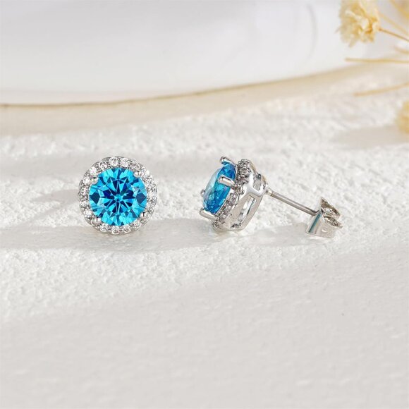 Women's Round Light Blue Birthstone Elegant Mall Dainty Cubic Zirconia Earring - Picture 6 of 6